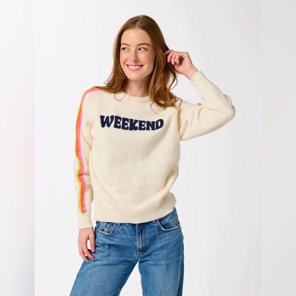 Shiraleah Cream "WEEKEND" Pullover Sweater Retro Rainbow Sleeves Size L NWT! - Picture 16 of 16